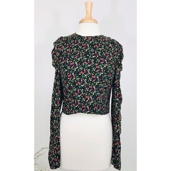 AFRM Top Garden Floral Blouse Puffed Drape Sleeve Black Viscose Zip, M - Picture 4 of 16